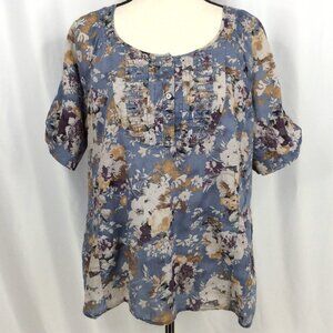 Dressbarn Floral Peasant Top Womens Large Henley Ruffle Short Roll Tab Sleeve